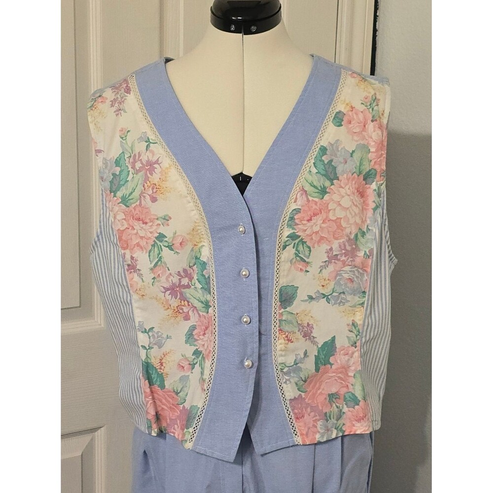 VTG Napa Valley Pastel Floral Blue Two Piece Set Size Large Pants Vest Grandma - Picture 3 of 12
